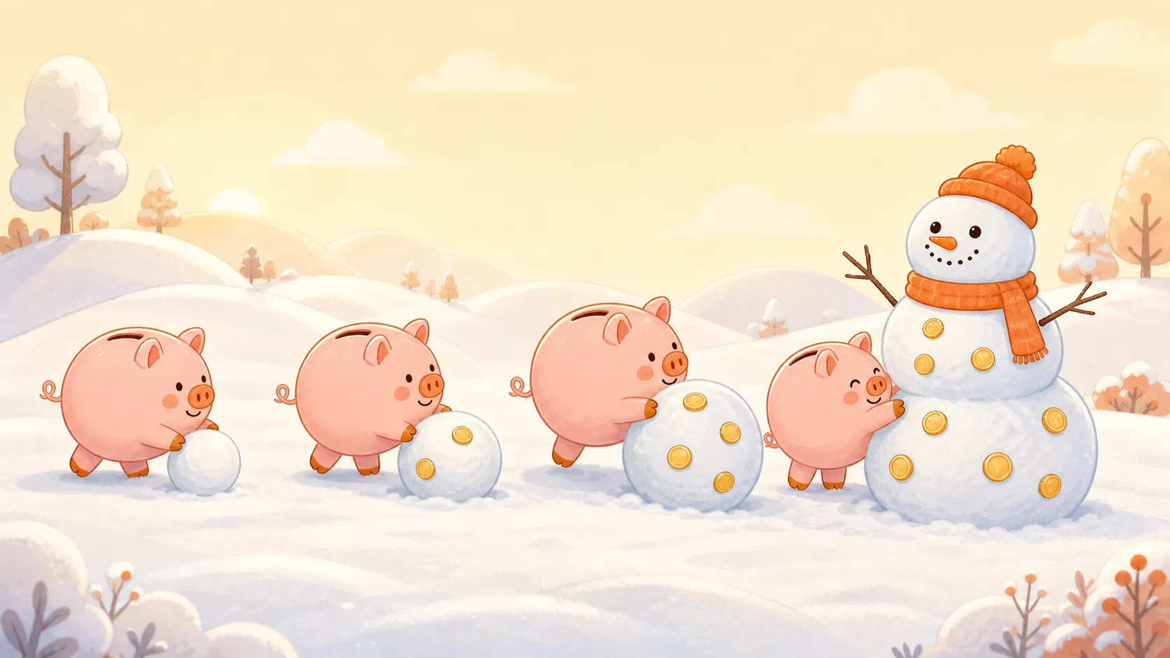コブタの貯金箱たちが雪玉を転がして、コインの入った大きな雪だるまを作るイラスト（複利で増えるイメージ）