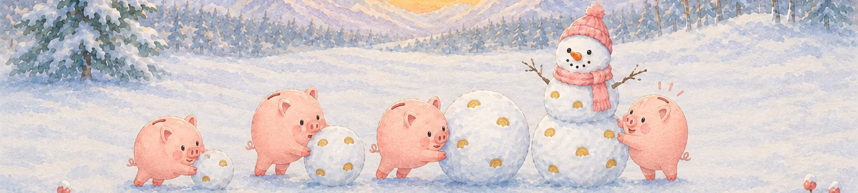 コブタの貯金箱たちが雪玉を転がして、コインの入った大きな雪だるまを作るイラスト（複利で増えるイメージ）