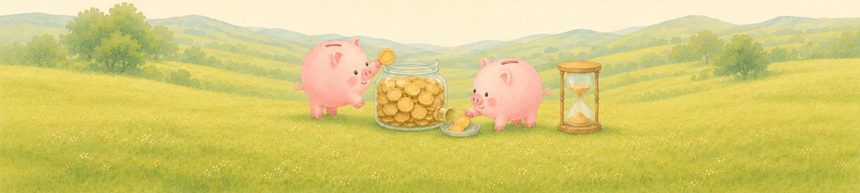 金貨がぎっしり入った大きなガラス瓶に、左のコブタの貯金箱が上から金貨を1枚入れ、瓶の下の取り出し口から出てきた金貨を、右のコブタの貯金箱が受け取っているイラスト。右には砂時計が置かれている（上から少しずつ入り、下から使う分だけ取り崩していくイメージ）