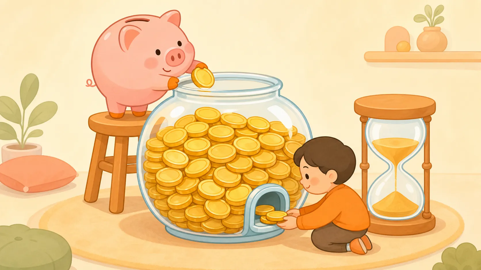 コインがたっぷり入ったガラス瓶から少しずつコインを取り出す子どもと砂時計のイラスト（資産の取り崩しのイメージ）