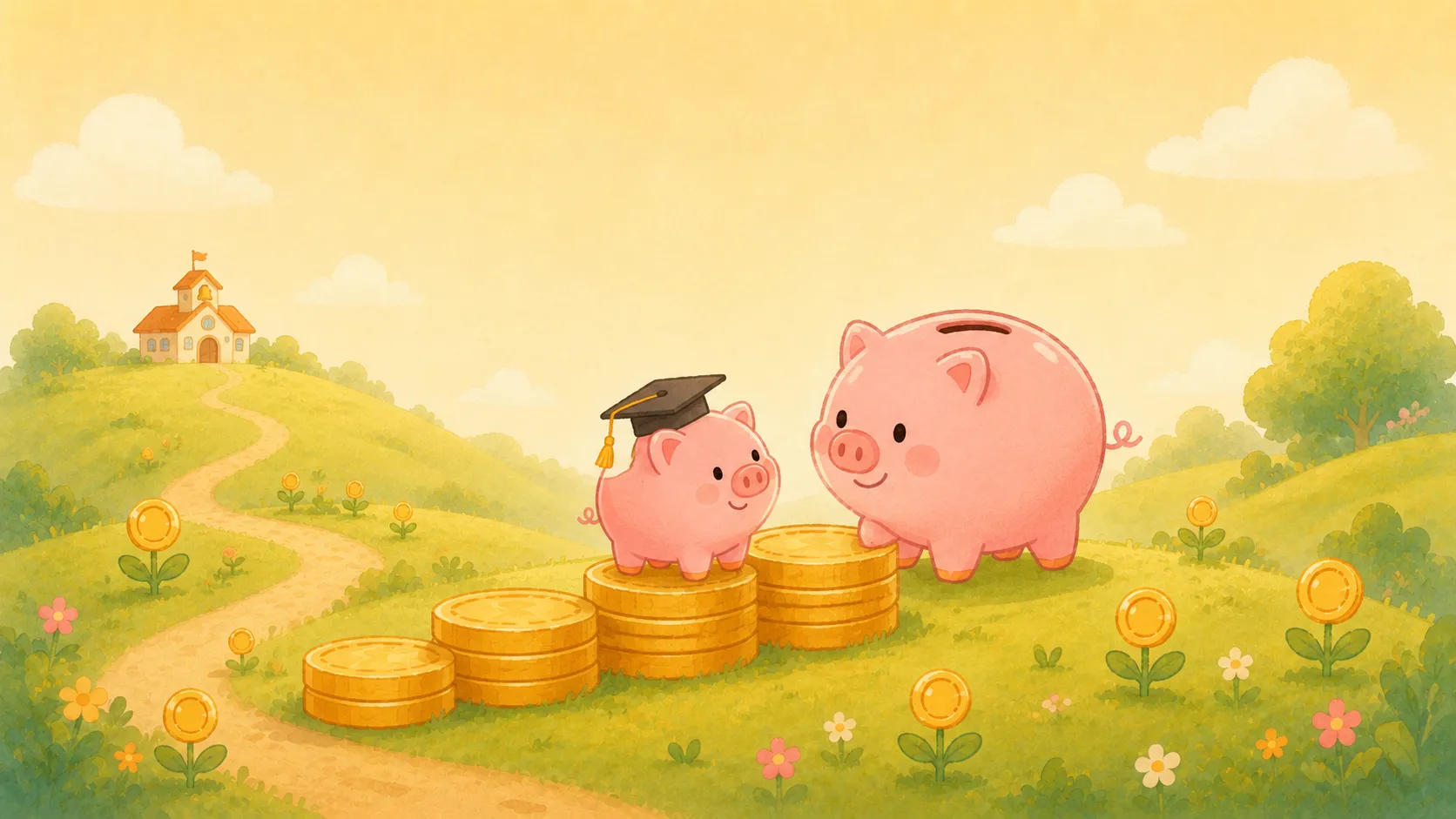 角帽をかぶった子どものコブタ貯金箱と、それを見守る親のコブタ貯金箱。手前に金貨を積み上げた階段、奥に学校の校舎が描かれたイラスト（教育費のイメージ）