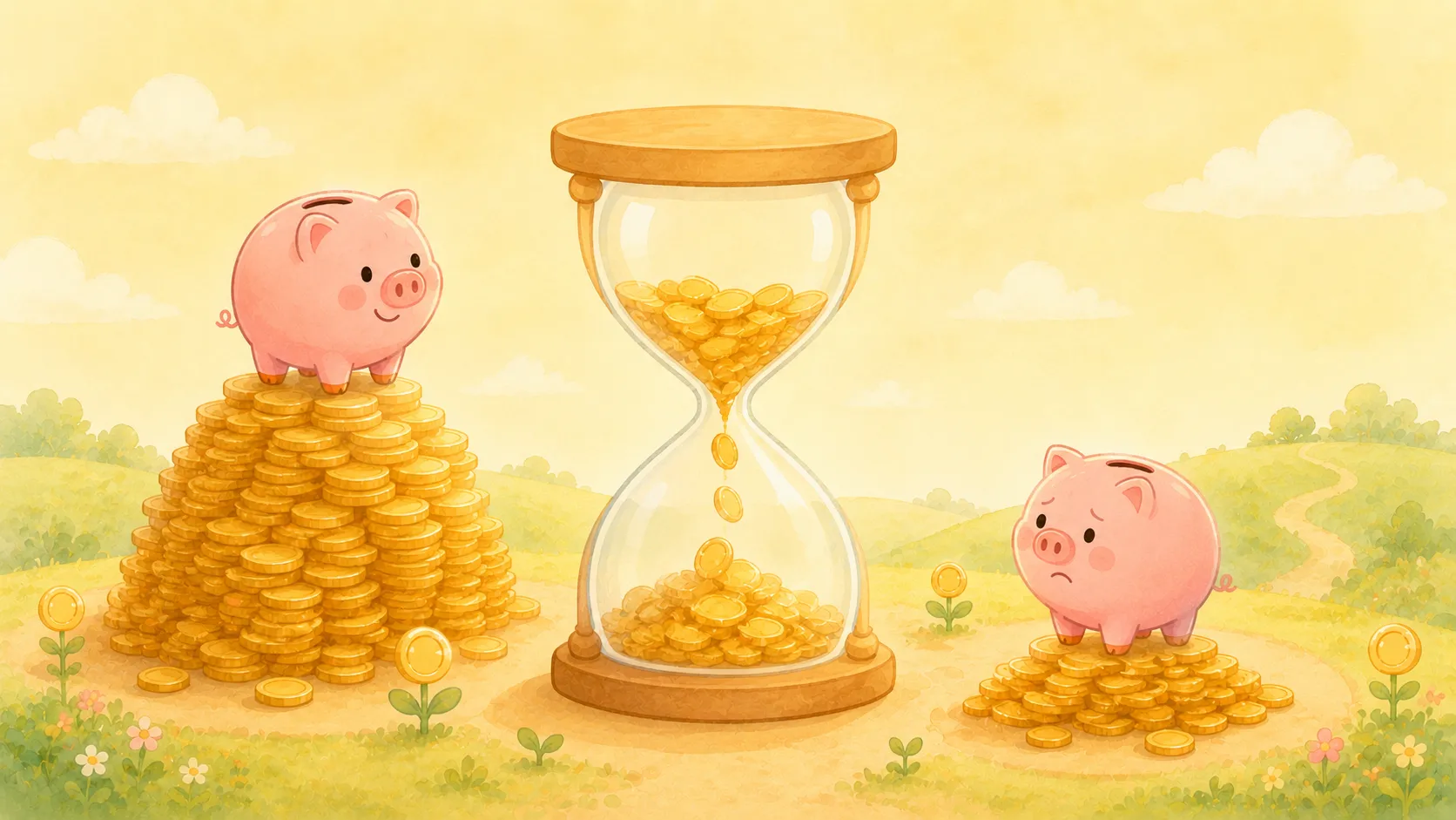 大きな砂時計から金貨がこぼれ落ち、左は高いコインの山の上でうれしそうなコブタの貯金箱、右は低いコインの山のそばで少し困った顔のコブタの貯金箱のイラスト（手数料の差で受取額が変わるイメージ）