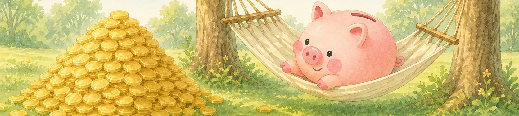 木のハンモックで寝そべってくつろぐコブタの貯金箱と、積み上がった金貨の山のイラスト（FIRE後のゆとりのイメージ）