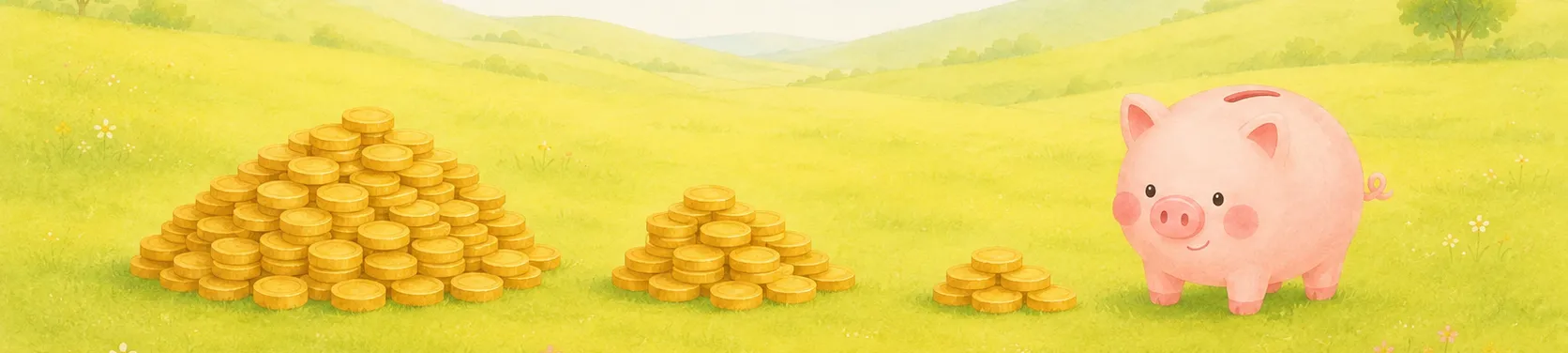 金貨の山が左から右へだんだん小さくなり、いちばん小さな山のとなりでコブタの貯金箱がにっこり立っているイラスト