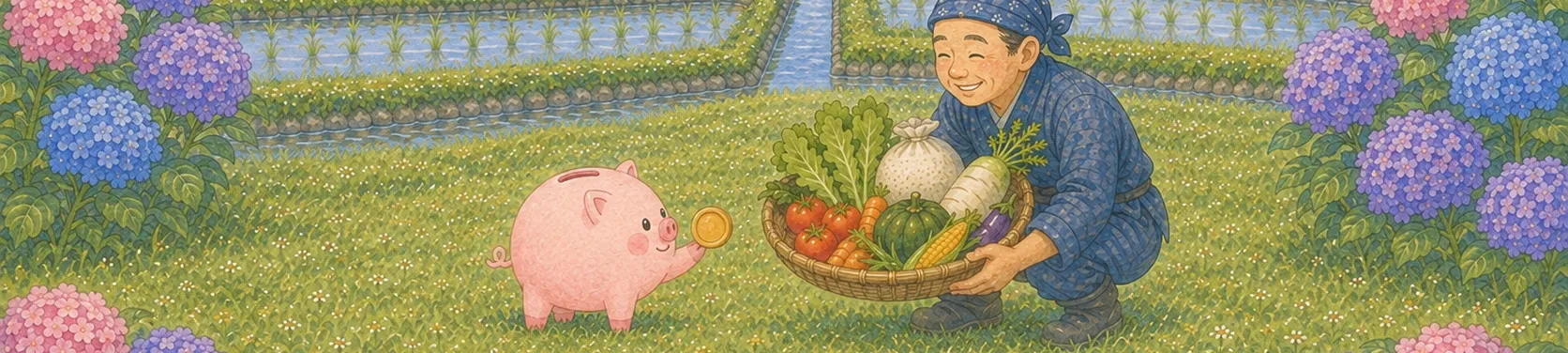 コブタの貯金箱がコインを渡すと、農家の人が野菜やお米の入ったかごを差し出しているイラスト（ふるさと納税の返礼品のイメージ）