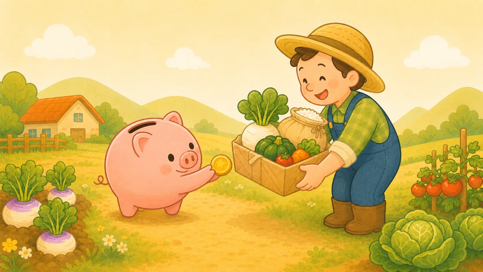 コブタの貯金箱がコインを渡すと、農家の人がお米や野菜の入ったかごを差し出しているイラスト
