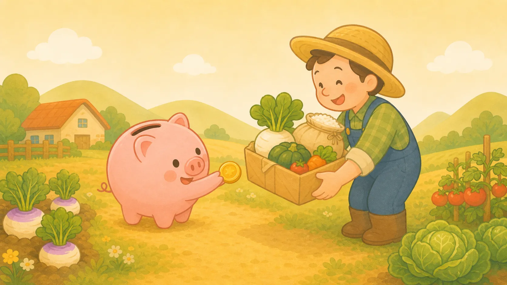 コブタの貯金箱がコインを渡すと、農家の人が野菜やお米の入ったかごを差し出しているイラスト（ふるさと納税の返礼品のイメージ）