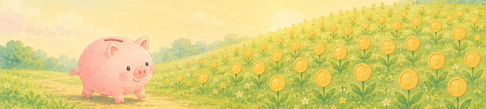 コインの花が咲く丘のほうへ歩いていくコブタの貯金箱のイラスト
