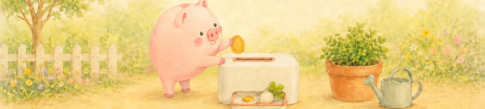 明るい庭で、コブタの貯金箱が前足で金貨を1枚、白い箱の上の投入口に入れているイラスト。箱の下の受け皿には、小さな金貨が1枚と、葉のついたカブが1つ出てきている（積み立てたお金が、税金の軽さと育った資産になって戻ってくるイメージ）