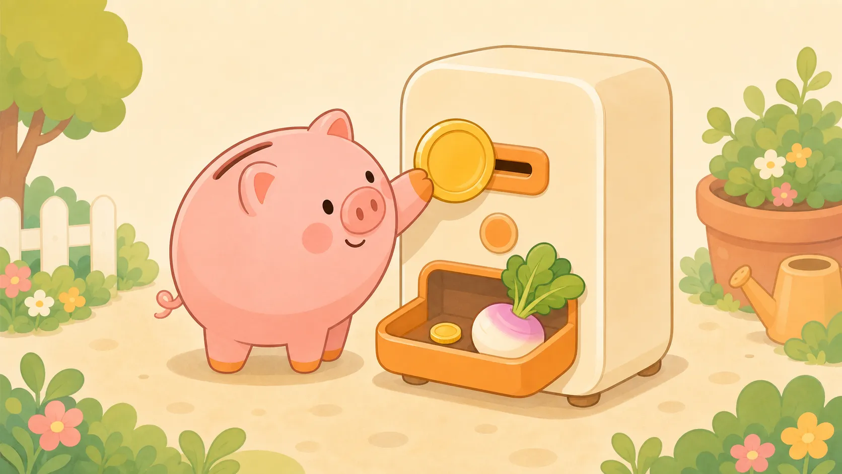 コブタの貯金箱がコインを入れると、引き出しに戻りが出てくるイラスト（iDeCoの節税のイメージ）