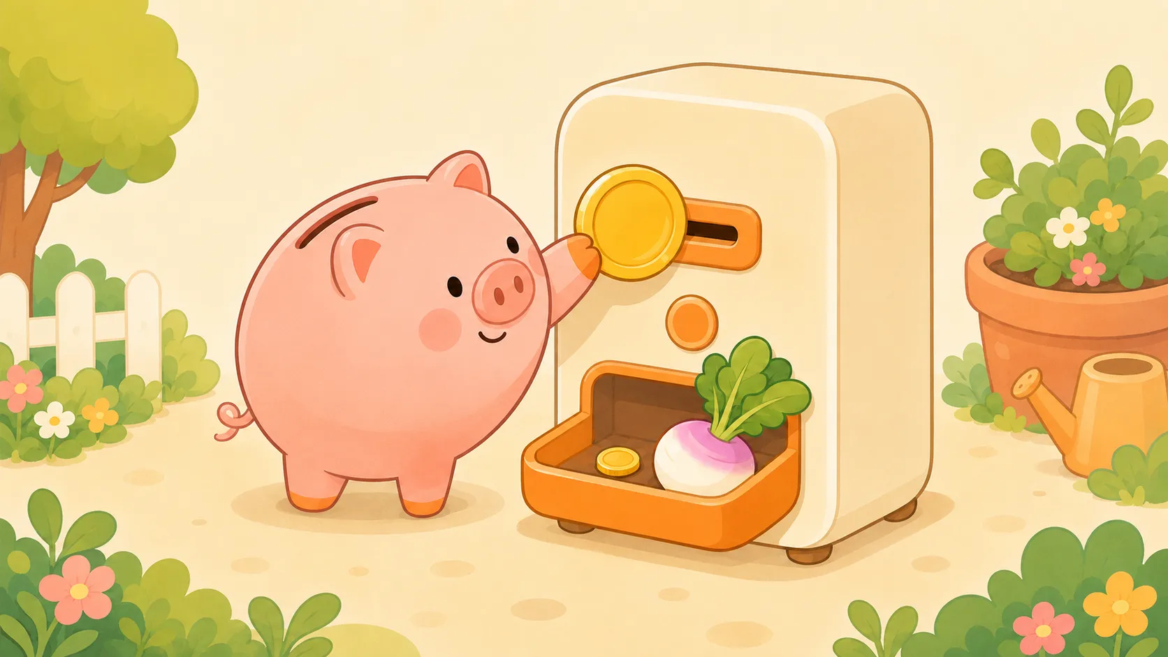 電卓とコインを前に、iDeCoの手数料と節税額をくらべているコブタの貯金箱のイラスト