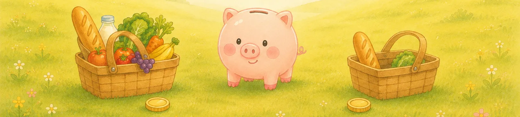 同じ金貨を1枚ずつ置いた2つの買い物かごが草地に並び、まん中にコブタの貯金箱が立っているイラスト。左のかごは食べ物でいっぱいで、右のかごはパンと野菜が少しだけ