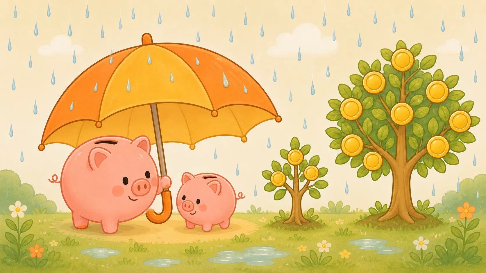 大きな傘がコブタの貯金箱の親子を雨から守り、隣でコインの木が育っているイラスト（公的保障が家族を守るイメージ）