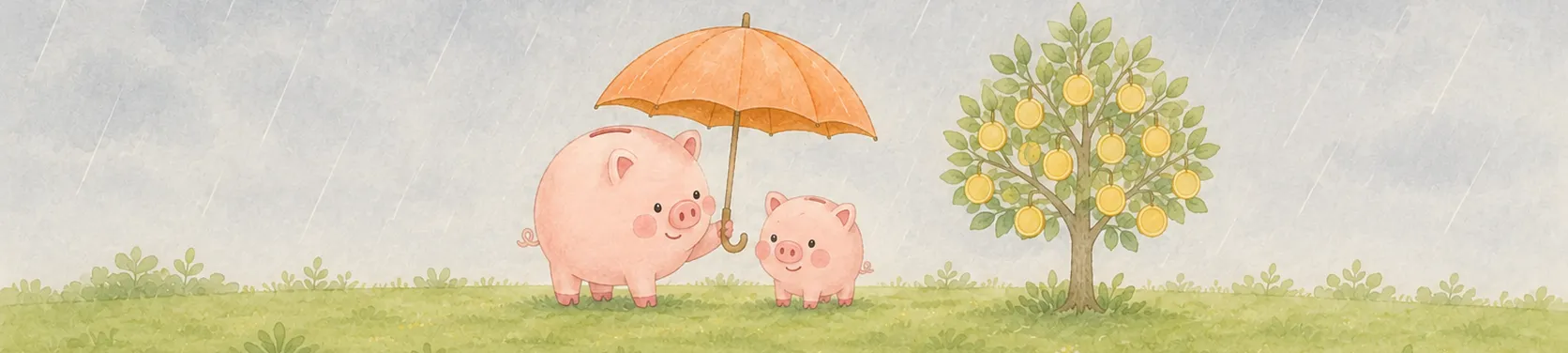 親のコブタの貯金箱がさした傘が親子を雨から守り、隣でコインの木が育っているイラスト（保障と資産形成のイメージ）