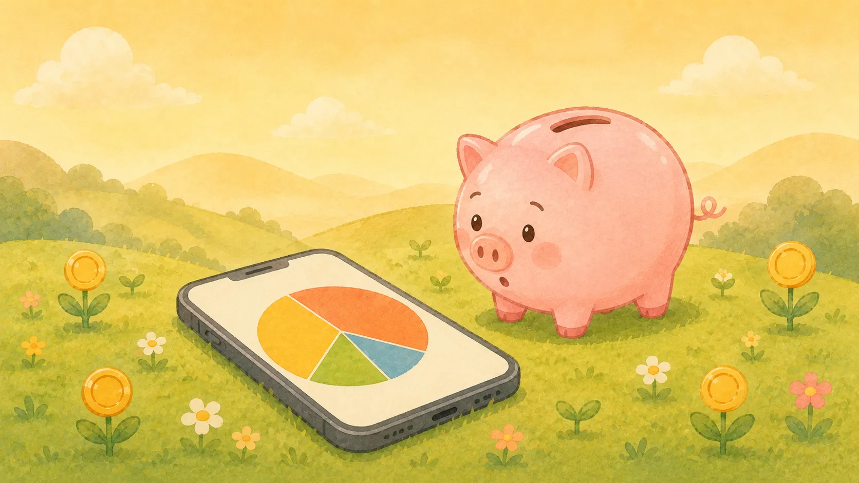 草の上に置かれたスマートフォンにカラフルな円グラフが表示され、そのとなりでコブタの貯金箱が画面に目を向けているイラスト