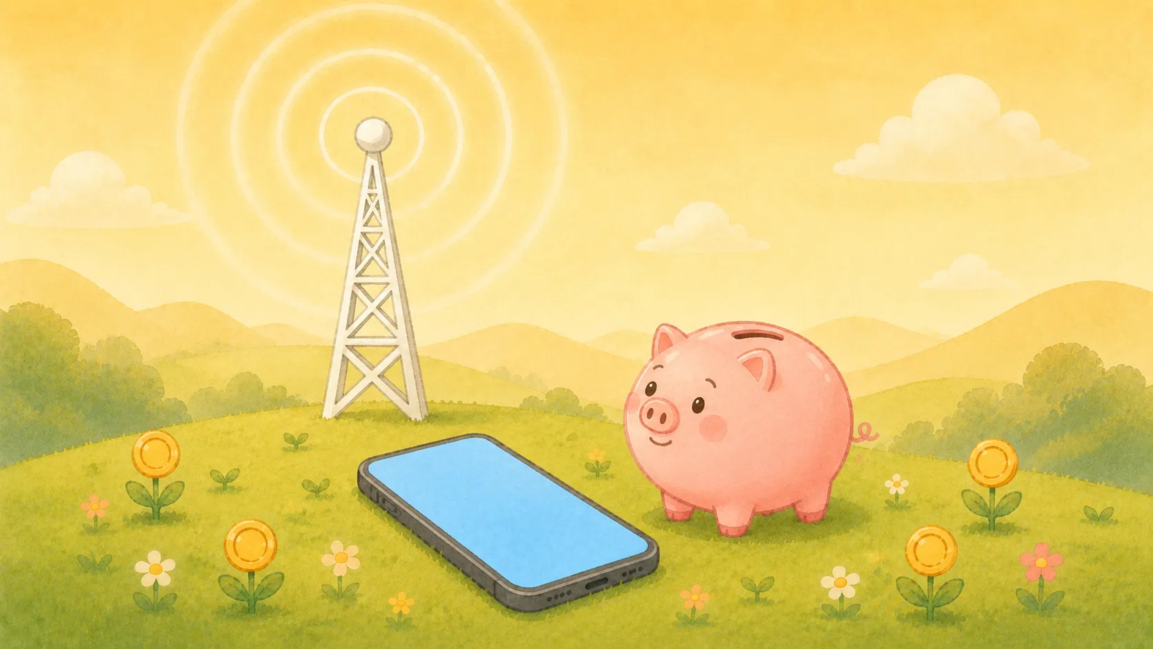 緑の丘に立つ電波塔から波がひろがり、草の上に置かれたスマートフォンのとなりで、コブタの貯金箱が塔を見上げて安心した顔をしているイラスト