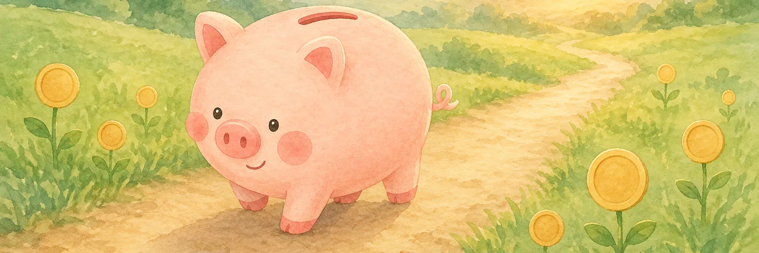 小道を一歩ずつ歩いて進んでいくコブタの貯金箱のイラスト