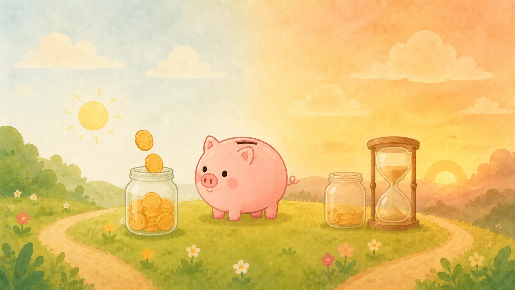 分かれ道の前で、NISAの道とiDeCoの道のどちらから進もうか考えているコブタの貯金箱のイラスト