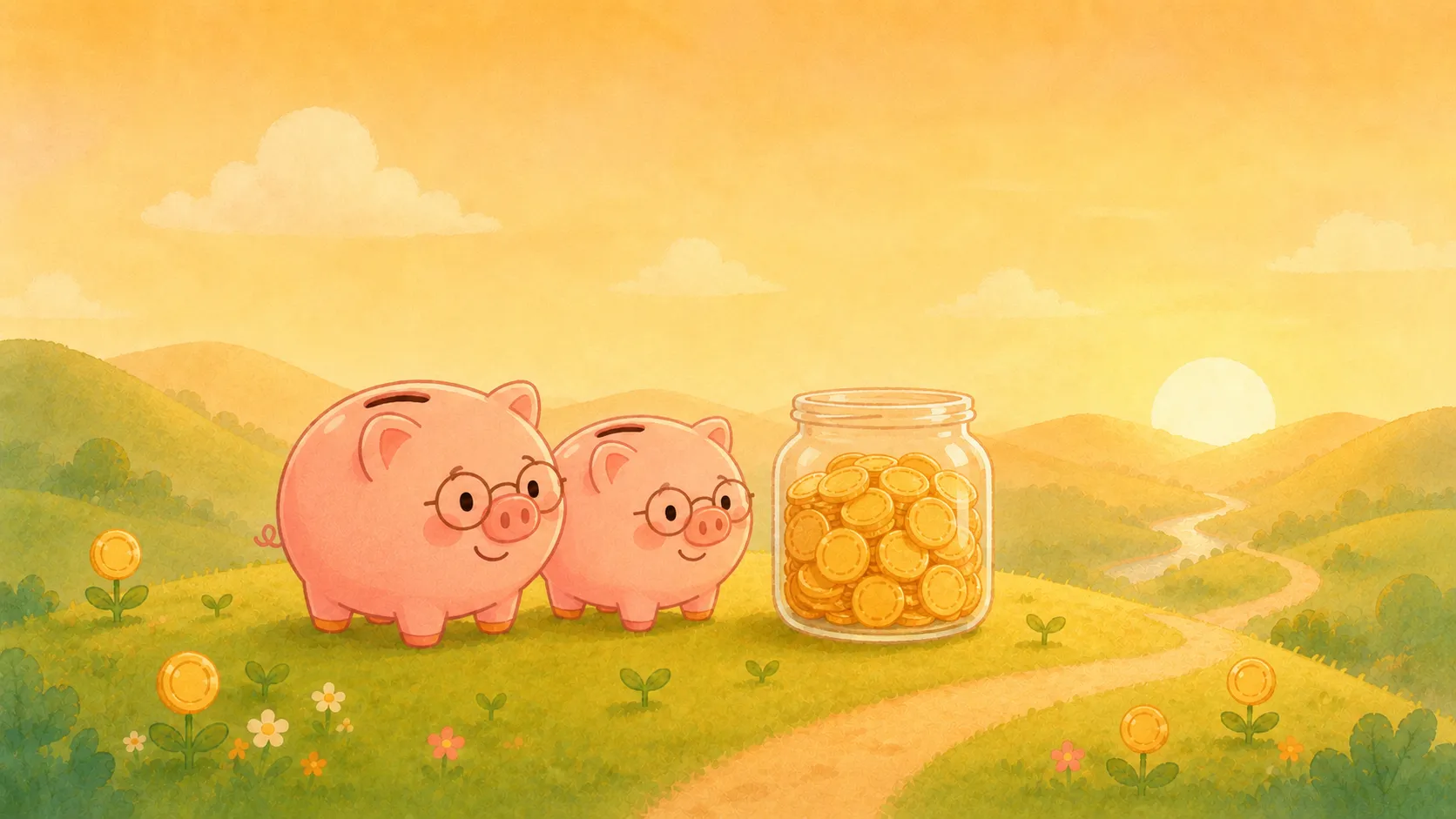 丸メガネをかけた年配のコブタ貯金箱の夫婦と、金貨がたっぷり入った大きなガラス瓶が夕暮れの丘に並ぶイラスト（老後の収支のイメージ）