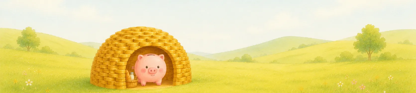 金貨を積んで作ったかまくらの中で、コブタの貯金箱が買い物かごと一緒ににっこり立っているイラスト