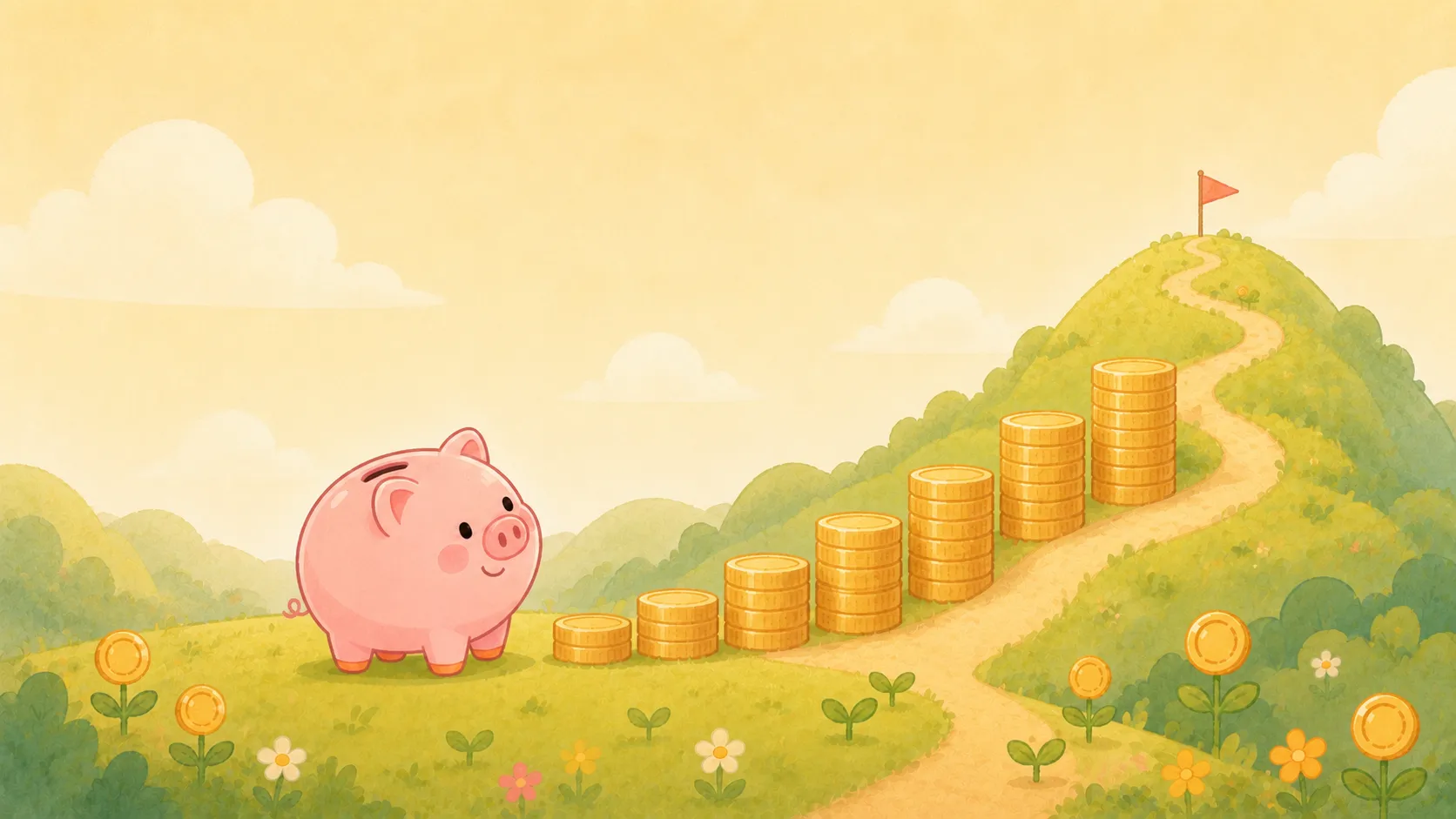 コブタの貯金箱が、丘の上のゴールの旗に向かって少しずつ高くなる金貨の階段を見上げているイラスト（目標額から逆算するイメージ）